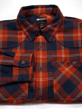 Outdoor Research L Burnt Orange Blue Feedback Flannel Plaid Button Up Shirt